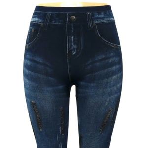 Distressed Dark Blue Jegging with Laser Cut Design